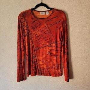 Chicos Orange Black Post Script Print Autumn Contrast Stitch Blouse Top
